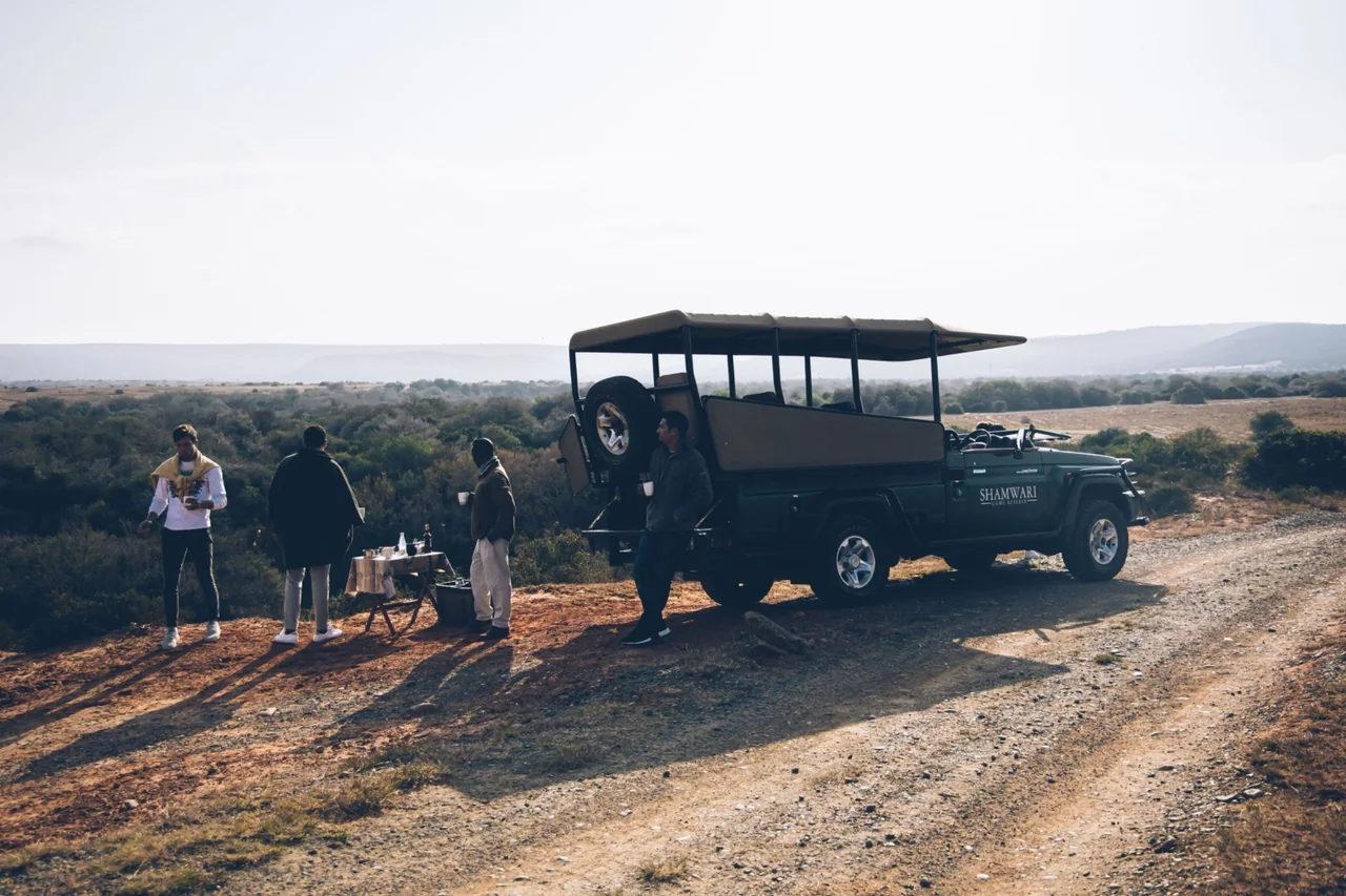 People taking refreshments beside an open safari vehicle in the bushveld